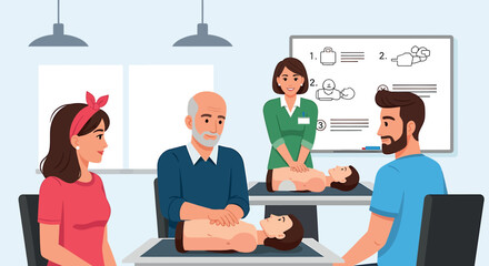 CPR and First Aid Training Class Illustration. Emergency Medical Education with Instructor and Students.