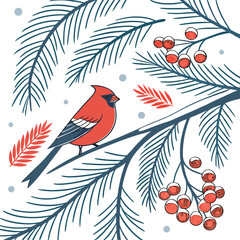 Cute cartoon birds on a winter tree branch with red berries, a perfect nature illustration for your Christmas card design