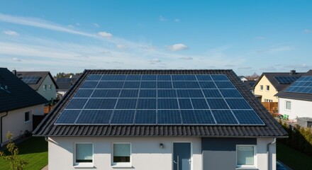 Fototapeta premium House Roof Equipped with Solar Panels for Sustainable Energy Solution Under Sunny Sky