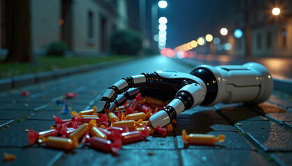 Fallen robotic hand with colorful candies, curious mood, urban street, night background
