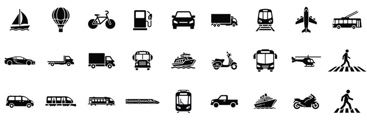 Transportation, vehicle icon set. Vector glyph pictograms of travel, logistics, public transit concepts, car, train, bus, bicycle, boat, and airplane black silhouette illustration.

