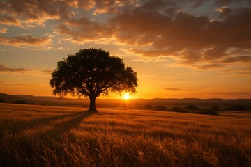 Tree in Golden Sunset: Solitary tree silhouette with outstretched branches. The setting sun paints the sky with a warm golden hue, creating a tranquil landscape.