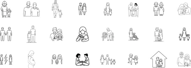 Family and parenting line icon set. Vector pictograms of couples, single parents, children, elderly, baby, newborn, teenager thin linear illustration.

