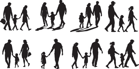 Family Silhouette Vector – Parents holding children, walking, hugging, or playing