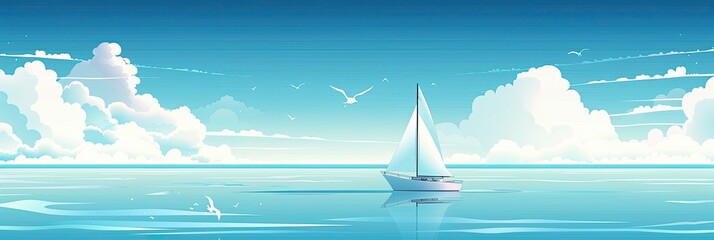A tranquil ocean scene with a sailboat on the horizon, the smooth blue waters and clear sky bringing a sense of serenity.