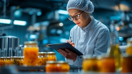 a food technician recording data on a tablet while observing testing equipment in the lab, symbolizing the integration of technology and science in food safety, photorealistic - Powered by Adobe