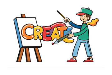 A person with a hat and backpack is creating art with a brush painting colorful abstract shapes and the word create