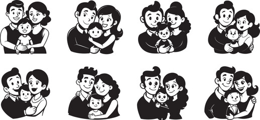 Obraz premium Family Silhouette Vector – Parents holding children, walking, hugging, or playing