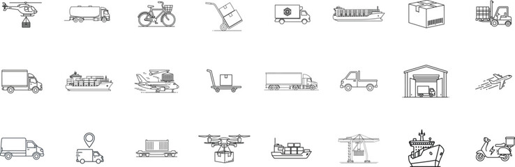 Commercial vehicles line icon set. Vector pictograms of container, pallet, forklift, plane, drone, helicopter, ship, train, cargo truck, warehouse, thin linear illustration.
