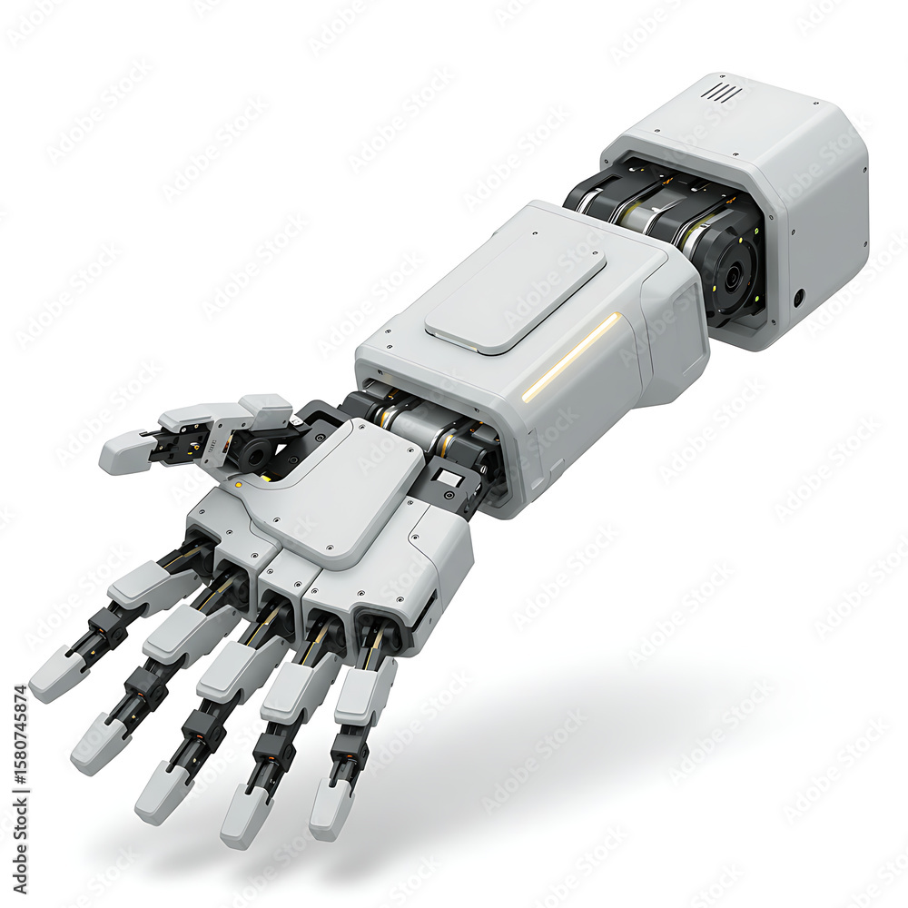 Poster futuristic white robotic arm with visible internal mechanisms, showcasing artificial intelligence, a