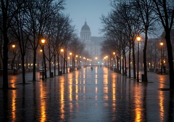 Rainy city street at night with glowing lights