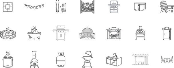 Backyard firepit outdoor features line icon set. Vector pictograms of kitchen, patio, fireplace, chiminea, pizza oven, firewood, propane tank, thin linear illustration.

