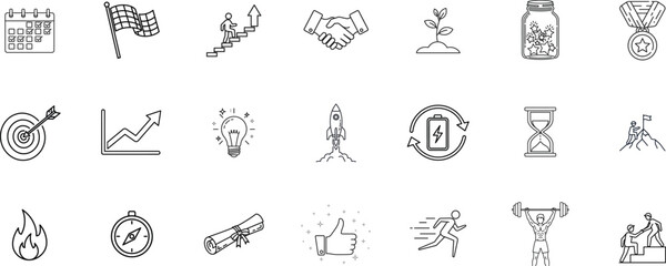 Motivation line icon set. Vector pictograms of personal growth, goal setting, perseverance, achievement, rocket launching, teamwork, passion, thumbs up thin linear illustration. 
