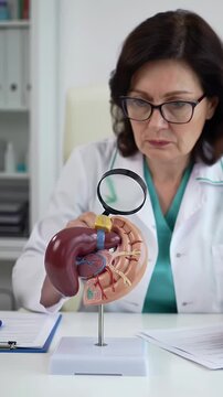 Mature Woman Doctor Examining Pancreas Anatomical Model with Magnifying Glass in Clinic