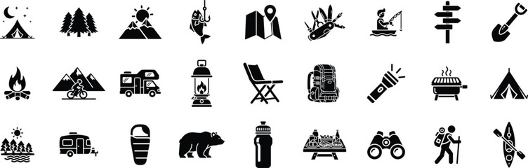 Camping, outdoor adventure icon set. Vector glyph pictograms of eco-tourism, tent, backpack, campfire, compass, kayak, hiking, travel, wilderness exploration black silhouette illustration.

