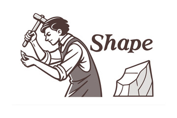 Cartoon illustration of two men with the word shape in large colorful letters and one man holding a paintbrush