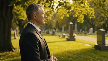 A mourning man in suit at cemetery, loss and grief concept. Memorial service backdrop, remembrance for funeral, memorial day or veterans day. Respect and tribute.