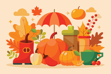 Autumn Harvest Scene with Pumpkins Leaves and Umbrella