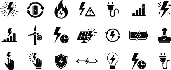 Electricity and energy icon set. Vector glyph pictograms of lightning bolt, battery, plug, solar panel, wind turbine, power, renewable energy, electrical safety black silhouette illustration. 

