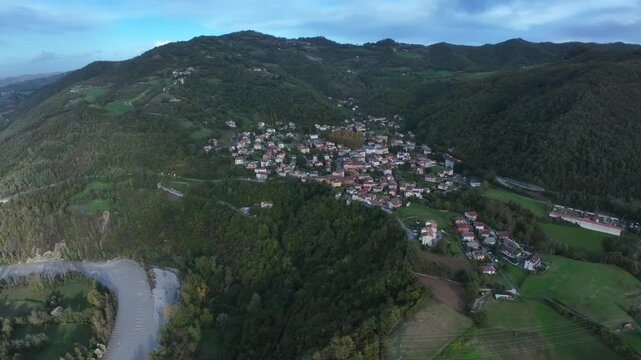 Aerial view of the village of Vetto d'Enza in the province of Reggio Emilia, Emilia Romagna, Italy