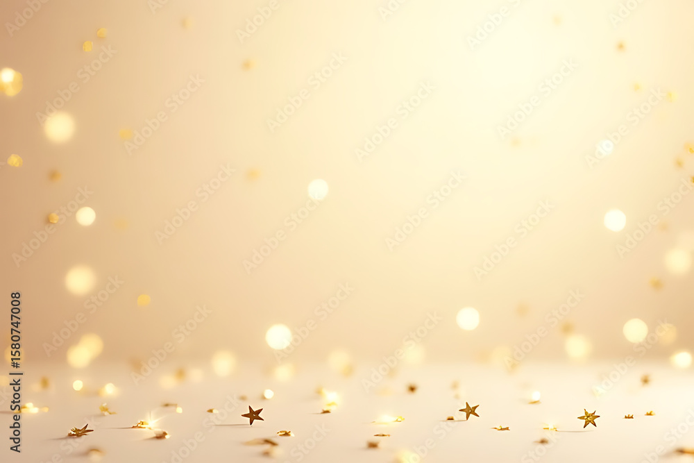 Poster gold star confetti and bokeh lights on a soft beige background with a subtle gradient and a blurred 