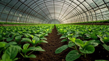 Young plants grow neat rows inside large greenhouse with rich soil supporting seedling growth, agriculture farming environment promoting organic