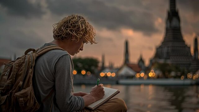 a thoughtful portrait of a young backpacker sitting on the temple grounds, writing in a journal, with the majestic prang of Wat Arun in the distance, a moment of quiet reflection