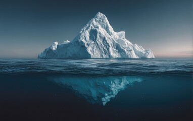 Massive iceberg, half above and half submerged in dark ocean waters