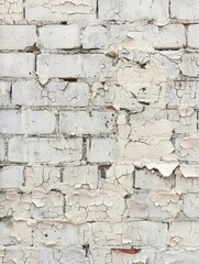 Old brick wall showing texture, paint peeling, and signs of weathering on the rough surface