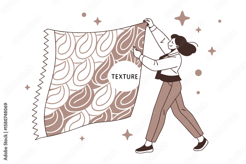 Poster textile design: designer arranging textile samples in studio with texture word