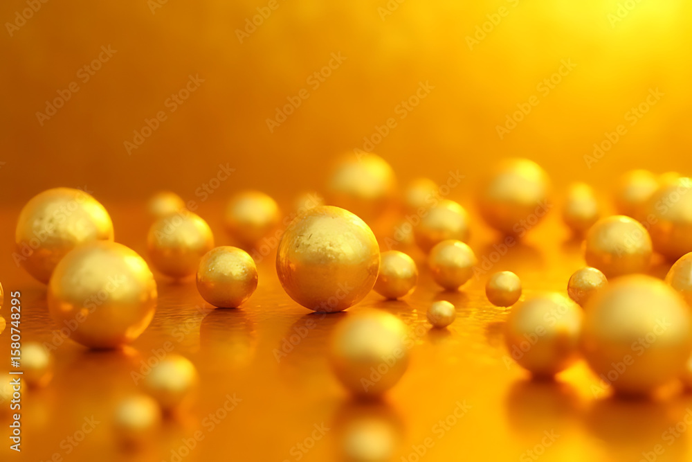 Poster golden spheres of varying sizes scattered on a reflective golden surface with blurred background and