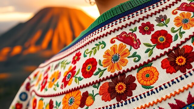 Embroidered huipil collar with floral patterns, highlighting Guatemalan textile artistry.