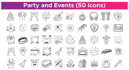 Party and Event Line Icons Collection – 50 Vector Elements

