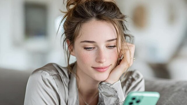 A woman with freckles looks down at her phone. She leans her head on her hand