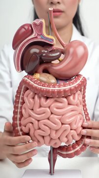 Person in White Shirt Holds Colorful Human Anatomy Model Featuring Liver Stomach and Intestines Against Clean White Background for Medical Education