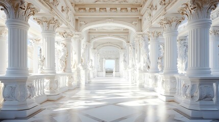 Naklejka premium Sunlit classical white marble colonnade hallway with statues.