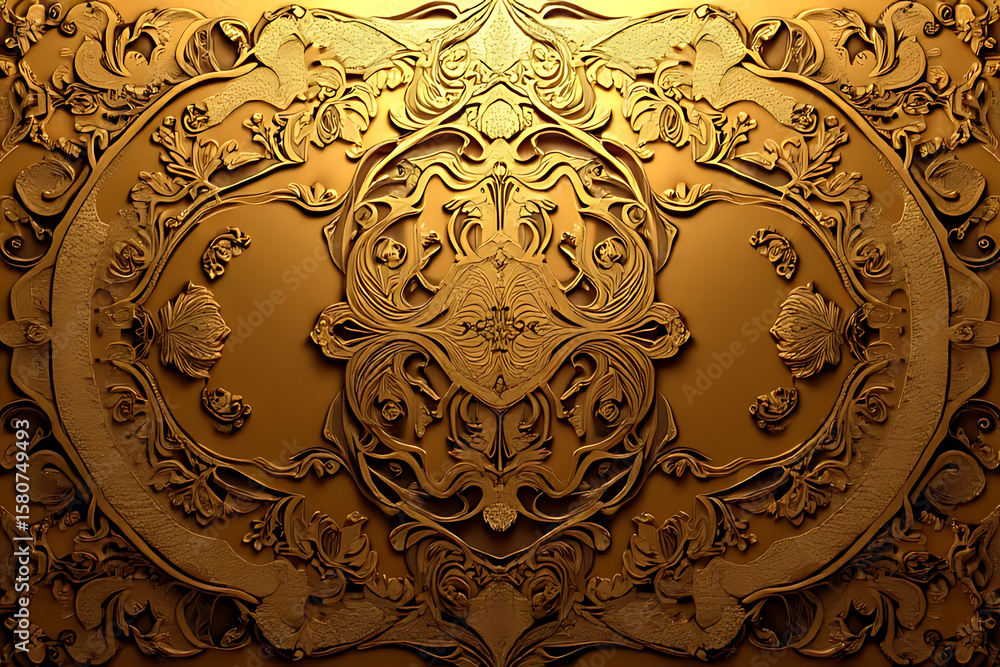 Poster intricate golden floral pattern with symmetrical design and embossed details on a textured brown bac