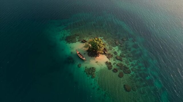 an epic final drone shot, pulling back from a tiny, perfect island with a single long-tail boat on its shore, revealing the vast, beautiful, and endless expanse of the Andaman Sea