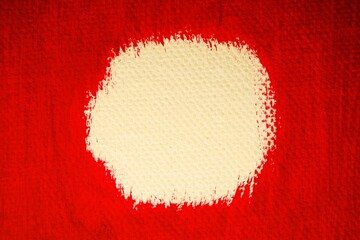 Red abstract background with white round area for text. Painting fabric texture.