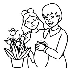 Happy Mother's Day. Vector cute illustrations of mother, grandmother and daughter hugging, watering can with tulip flowers, leaf for greeting card, poster or background