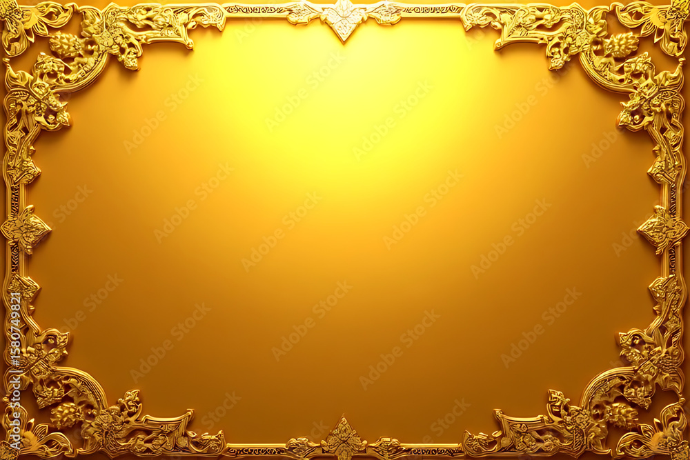 Poster ornate gold frame with intricate floral and scrollwork border on a gradient golden background with s