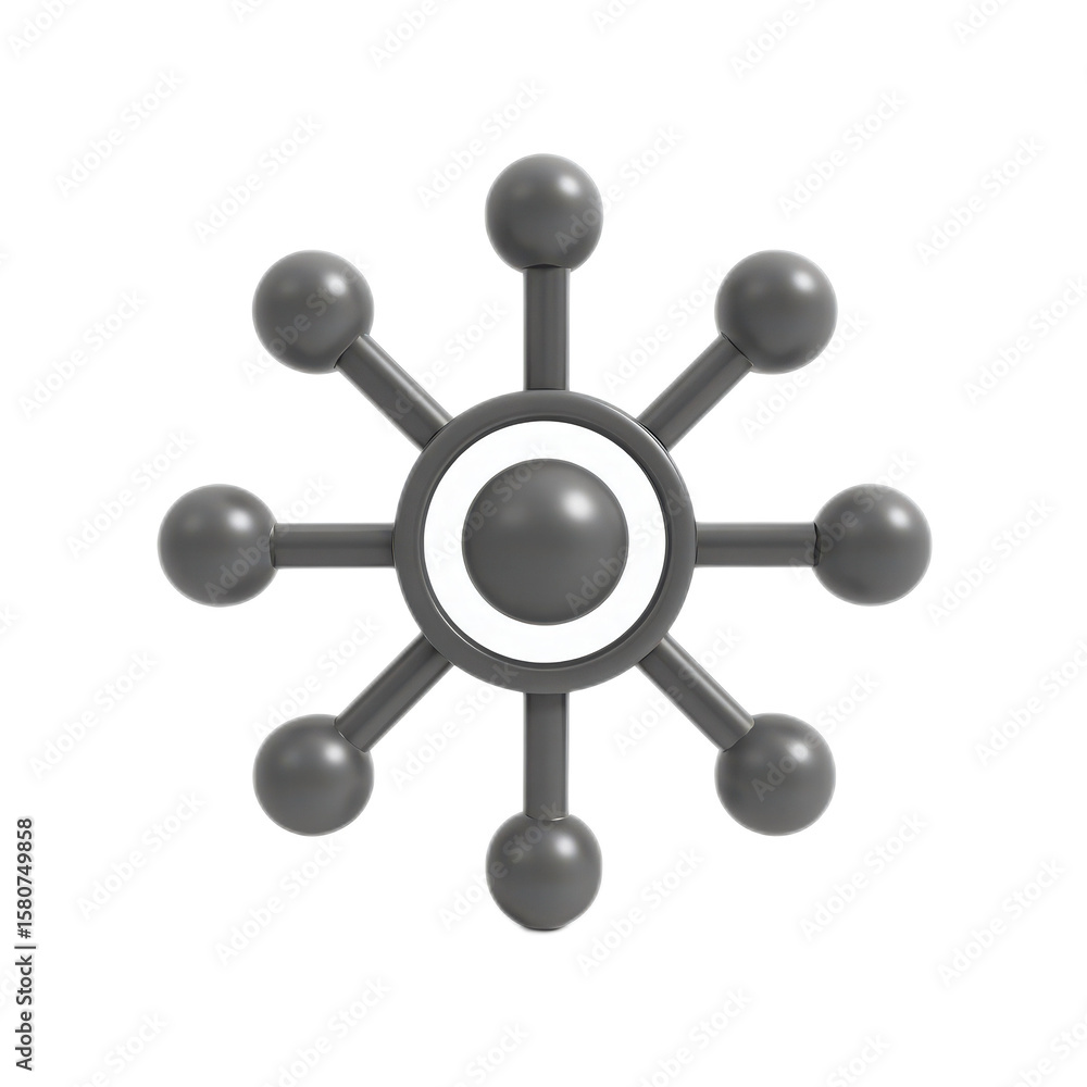 Poster 3d illustration of a central node with multiple connected points representing network structure and 