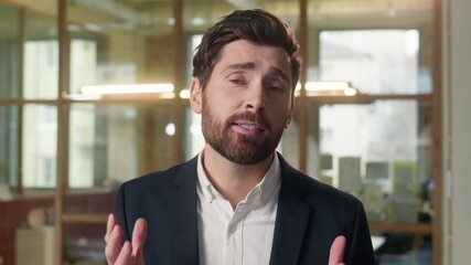 Caucasian businessman worried sad business man looking at camera apologize ask forgiveness male entrepreneur middle-aged guy guilty sorry apology after quarrel misunderstanding employer upset talking