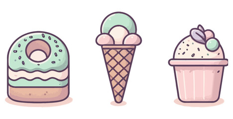 Vector art of three sweet desserts isolated on white background