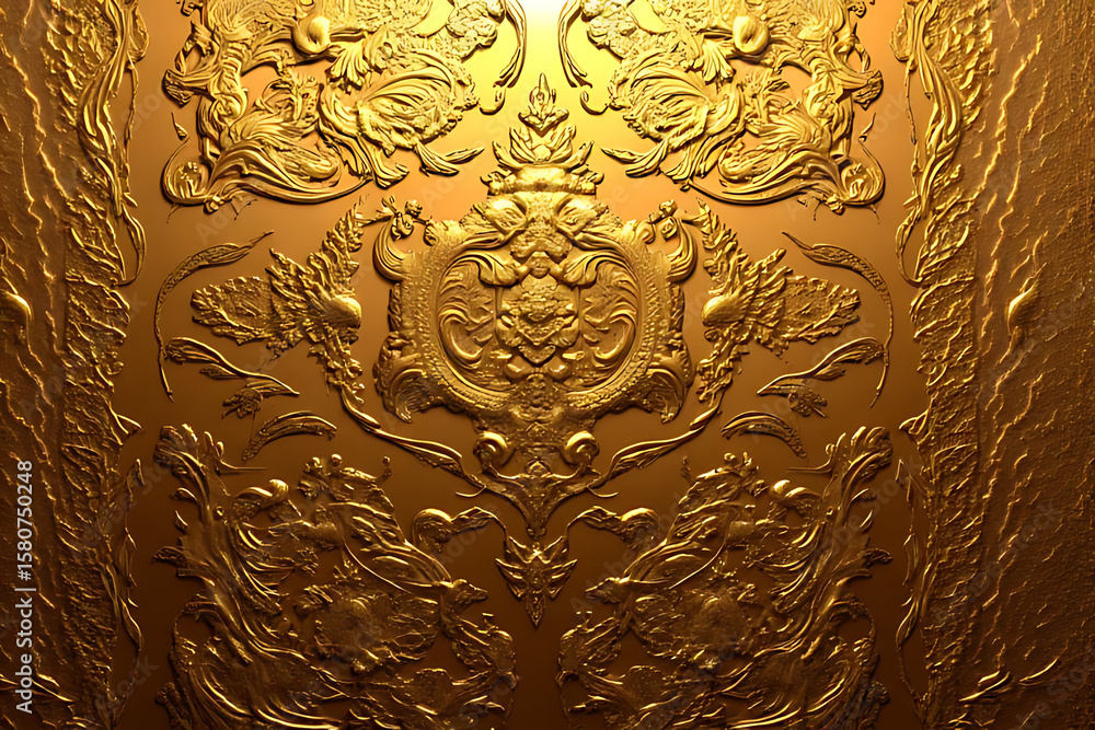 Poster ornate golden relief pattern with symmetrical floral and scrollwork elements on a textured backgroun