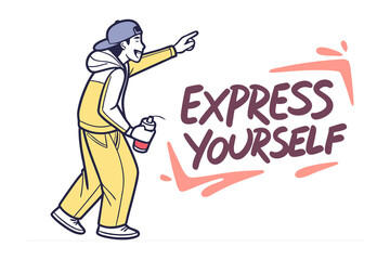 Express Yourself: An illustration of a young person expressing themselves. A youth with spray paint, pointing towards text expressing their emotions.
