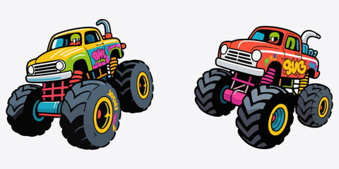 Vector art of two cartoon monster trucks on white © Sraboni