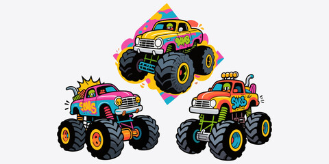Vector art of colorful monster trucks isolated on white background