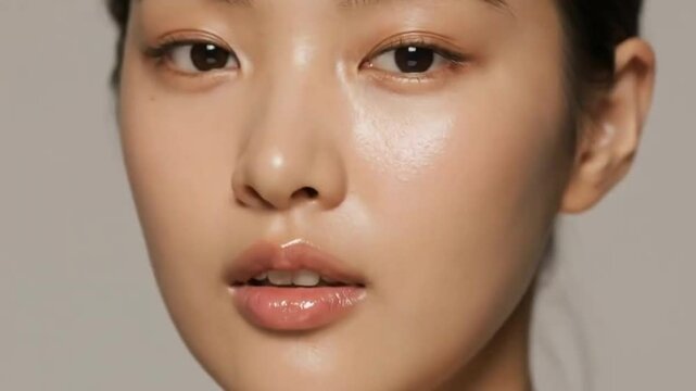 Closeup of a womans face with dewy skin and glossy lips angled towards the viewer