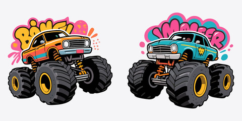 Vector art of two monster trucks isolated on white background © Sraboni